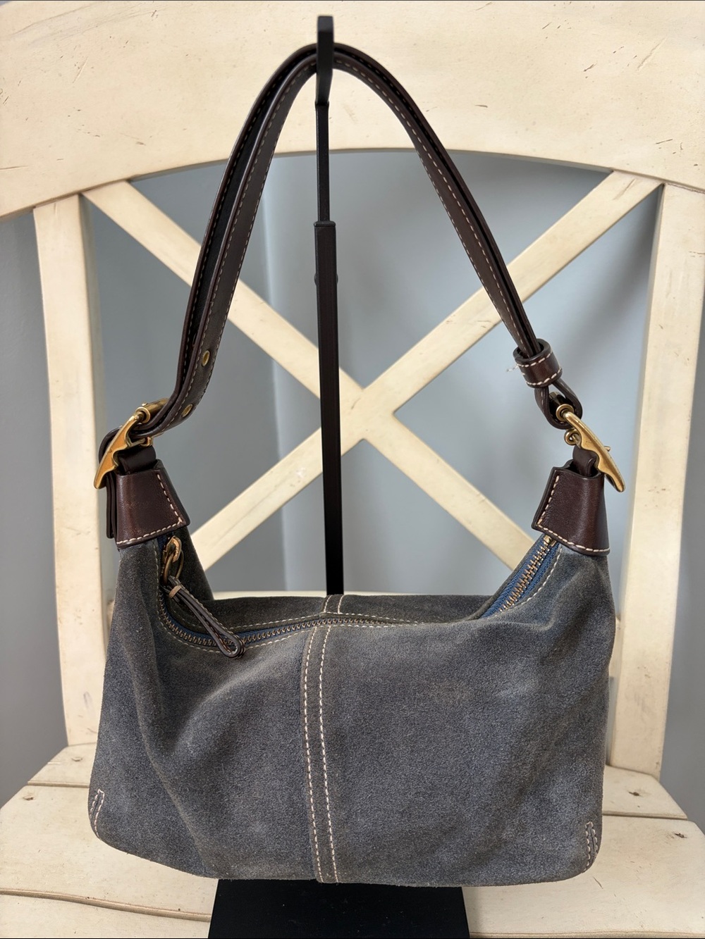 Coach Classic Demi Hobo Vintage Blue Suede Shoulder Bag with Contrast Stitching